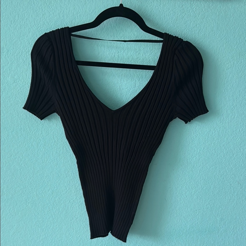 Black Ribbed V-Neck Women's Top